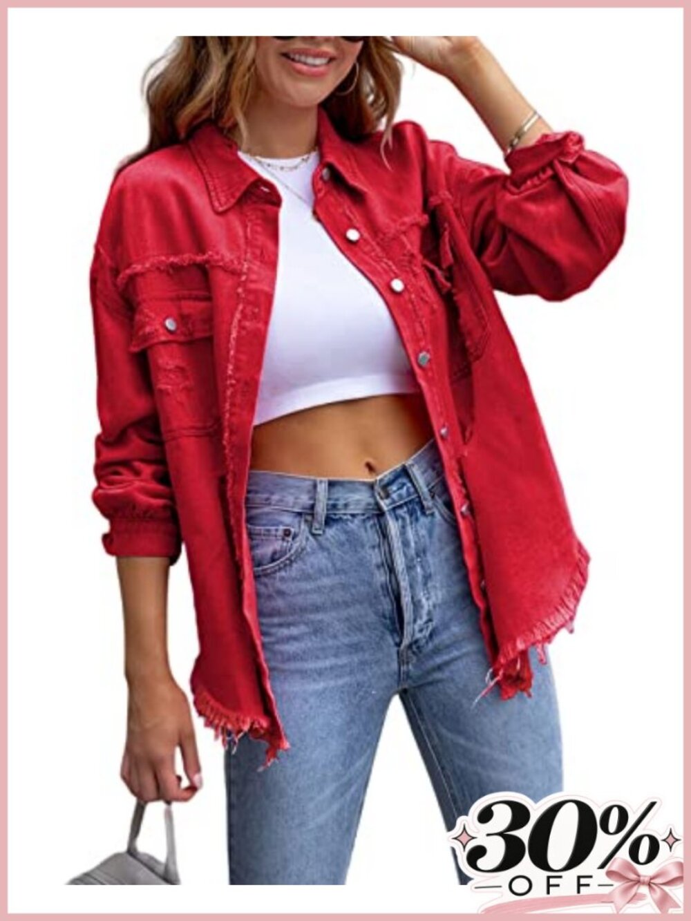 Perbai Oversized Ripped Denim Jacket Frayed Hem Button Front Boyfriend Jean Coat